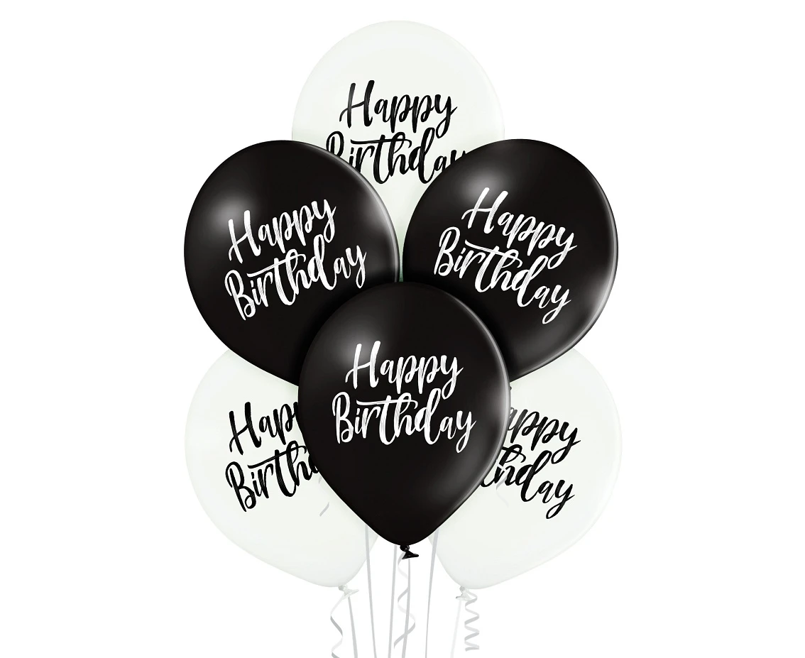 Balloons Belbal 12", D11, Happy Birthday white and black, 6 pcs